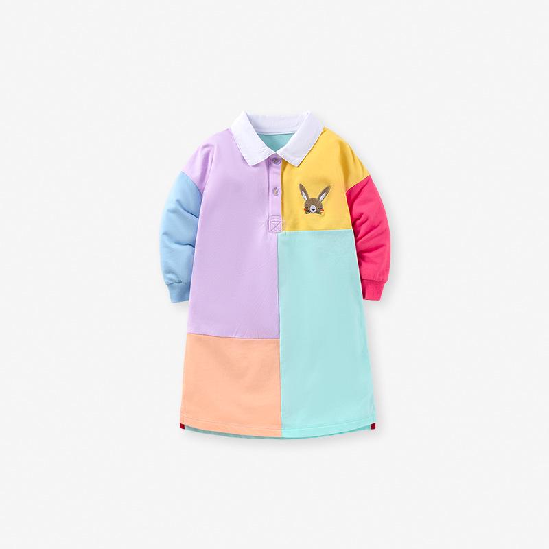 

Autumn Style Cartoon Embroidered Color Block Long-Sleeved Cotton Dress for Girls Age 3