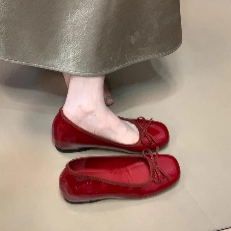 Schleife rote Einzelschuhe Damen 2025 Frühling und Sommer neu Französische flache Beanie-Schuhe Damenschuhe Innenhöhenerhöhung Oma-Schuhe