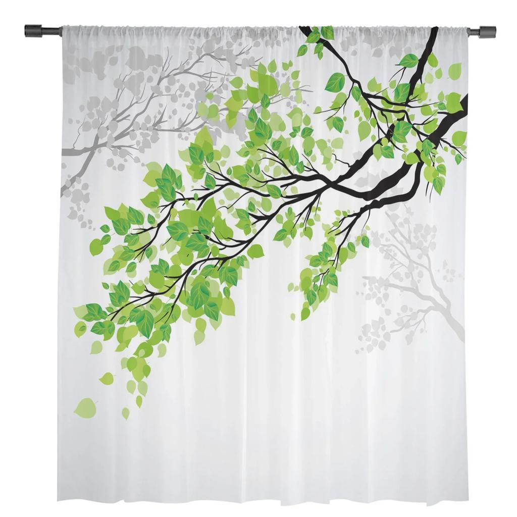 Växtgren Gröna blad Tyll Skira gardiner för vardagsrumsdekoration Fönstergardin för sovrum Voile Organza Draperier