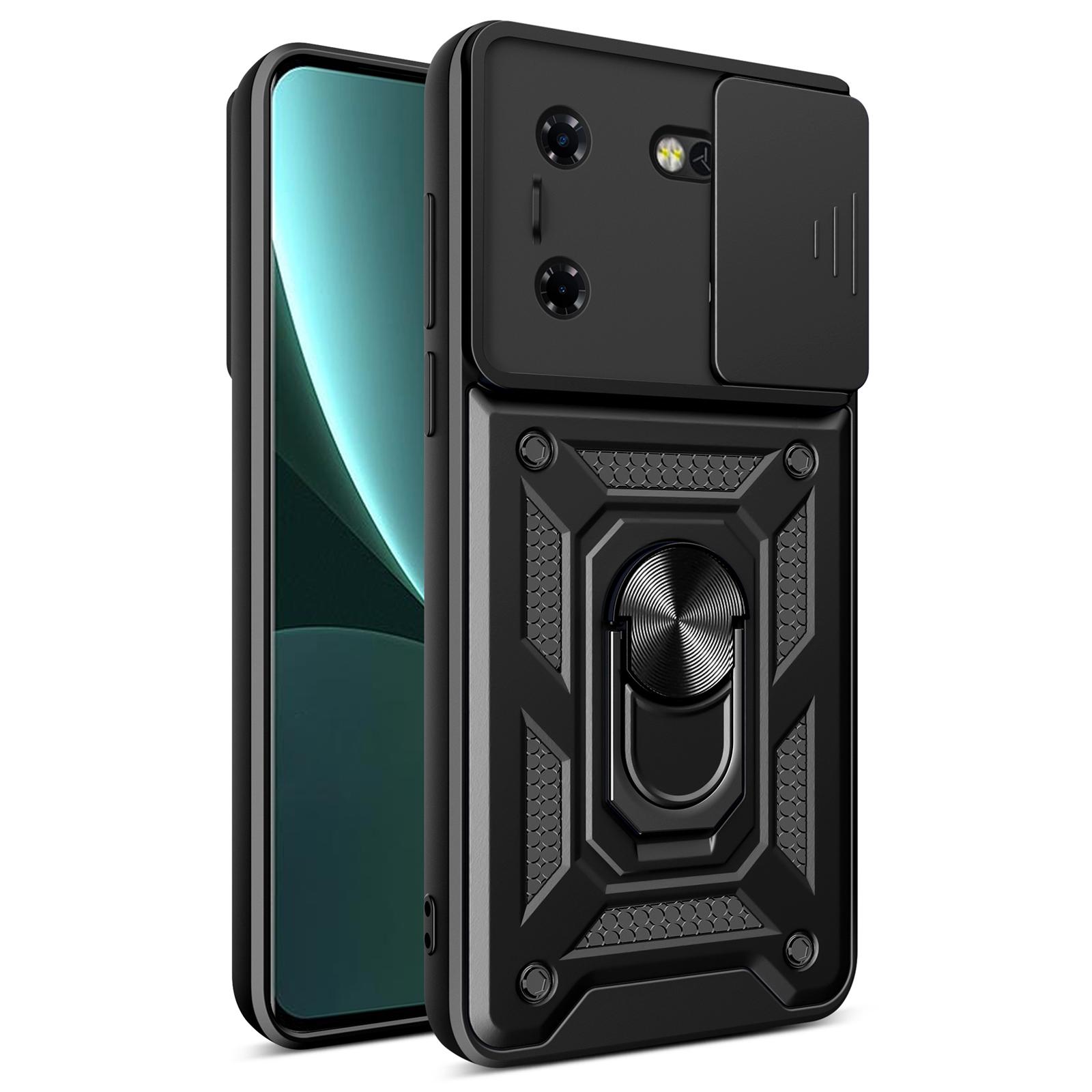 

For TECNO Pova 5 4G Slide Lens Protection Phone Case PC+TPU Kickstand Anti-Drop Cover Black