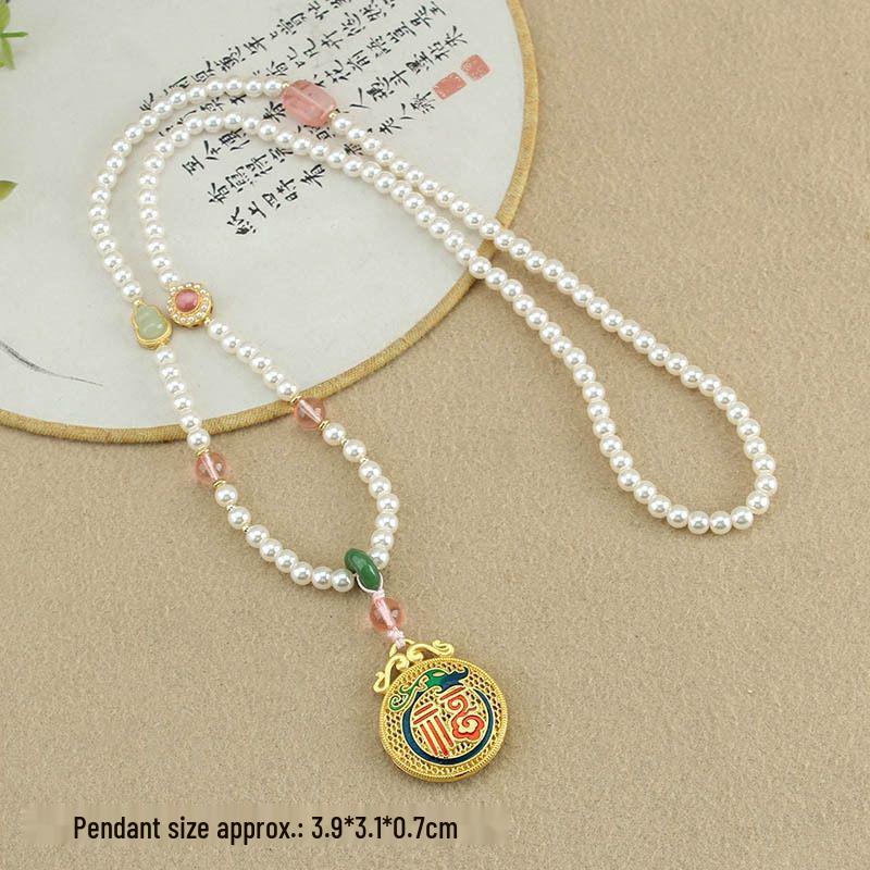 Retro Five Blessings Imitation Pearl Necklace with Cloisonné Pendant - Chinese Style Long Beaded Accessory