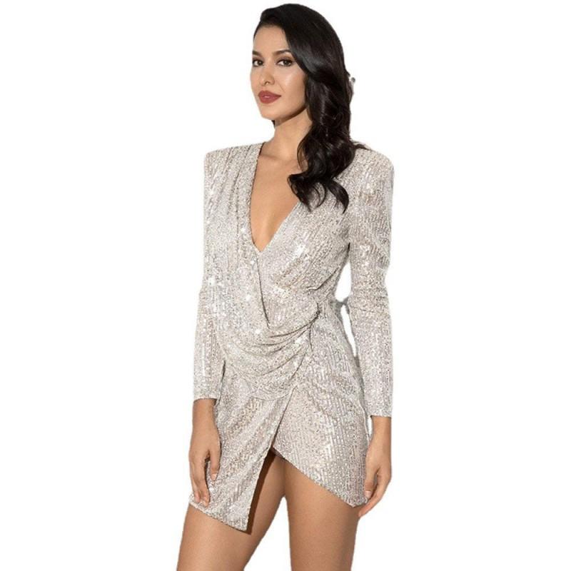 Womens V-Neck Long Sleeve Irregular Hem Sequin Mini Dress - Elegant Office Chic Slim Fit Solid Color