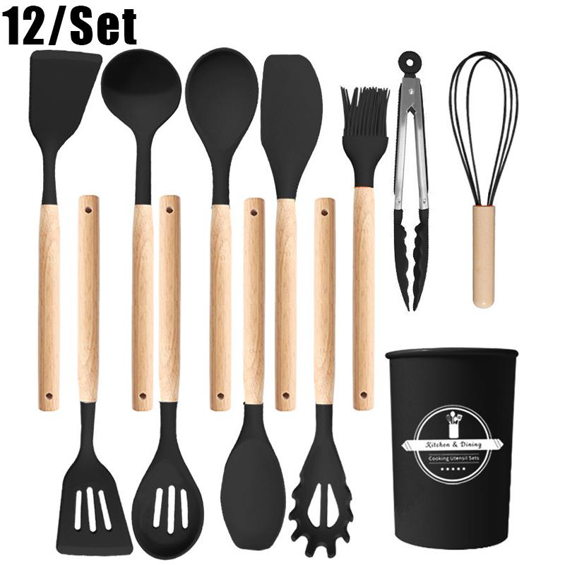 Conjunto de 12 Utensílios de Cozinha com Cabo de Madeira, Silicone Resistente ao Calor, Anti-riscos e Livre de BPA