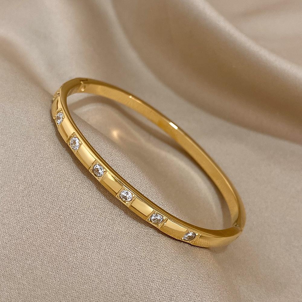 Fashion Rhinestone Stainless Steel Bracelet Simple Crystal Gold Color Cuff Bangles Waterproof Jewelry for Women Charm Gift
