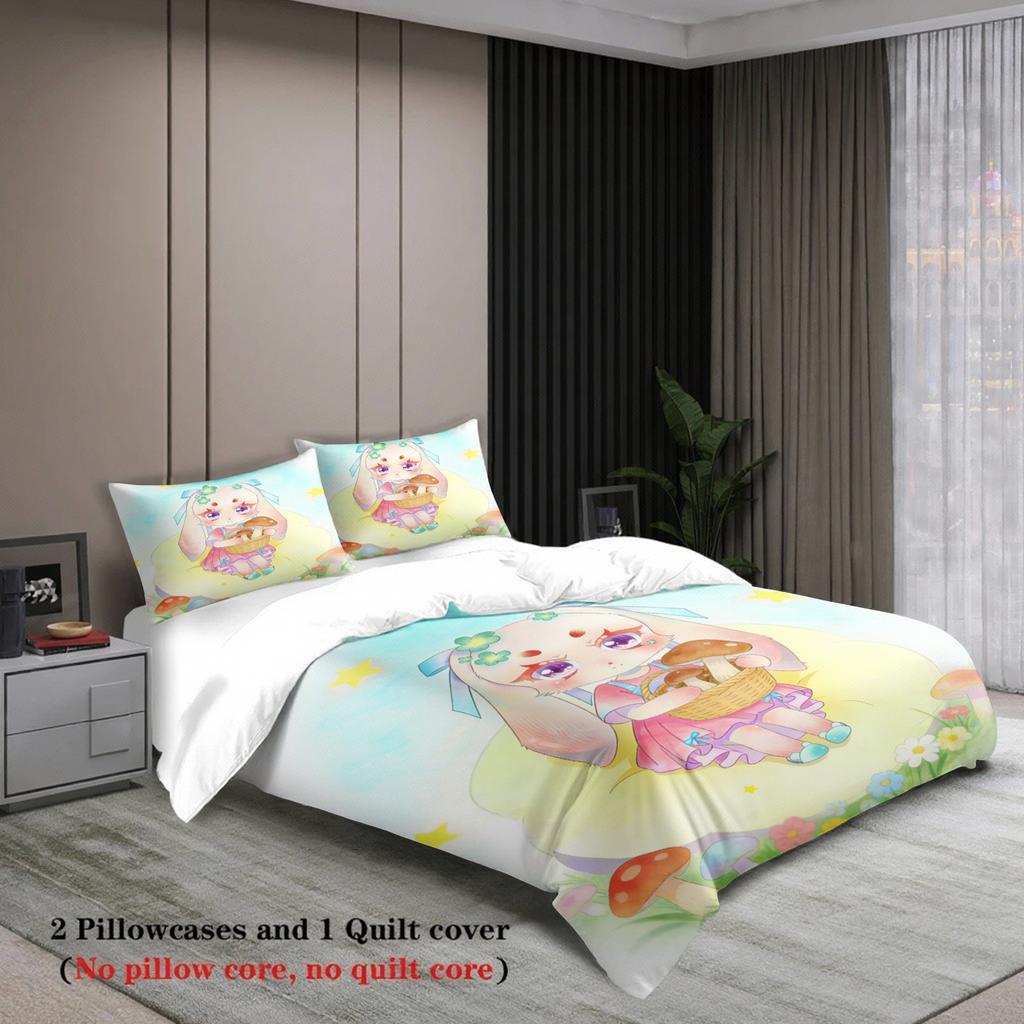 Softville Cozy Town 3PCS Bedding Sets Lop Rabbit Picking Mushroom Pinted Duvet Cover No Filling Cartoon Style Queen King Size
