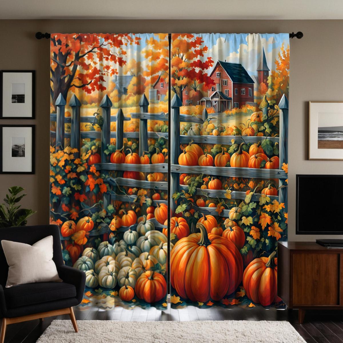 

2 шт. HD Harvest Festival Pumpkin Hut Maple Forest декоративная занавеска Желтая завязка цифровая печать занавеска стиль украшения дома W52H63inchW132H160cm