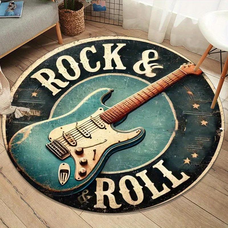 Tappeto Rotondo Vintage Chitarra Rock & Roll, Tappetino Antiscivolo Gradiente Blu Nero per Decorazione Stanza Tema Musicale