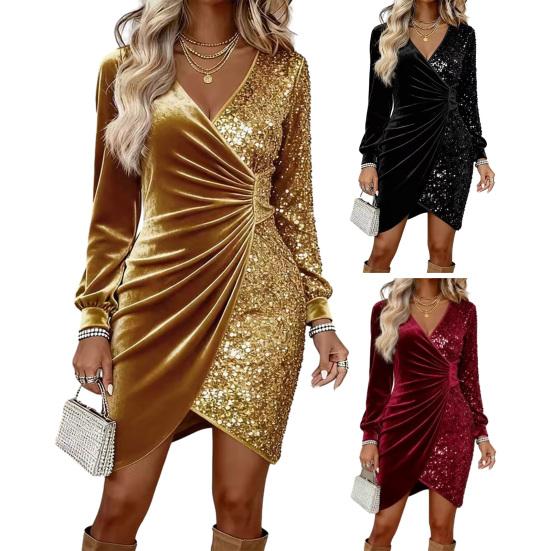 Damen Pailletten Samt Wickel Mini Kleid Langarm V-Ausschnitt Raffiniertes Bodycon Kleid Hochzeitsgast Abendkleid Formales Cocktailparty Kleid