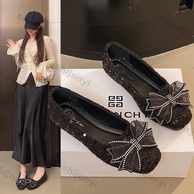 Damenschuhe 2026 Frühling Herbst Neu Komfort Rutschfest Damen Ballerinas Mode Weiche Sohle Schleife Strassstein Quadratische Spitze Mary Jane Schuhe