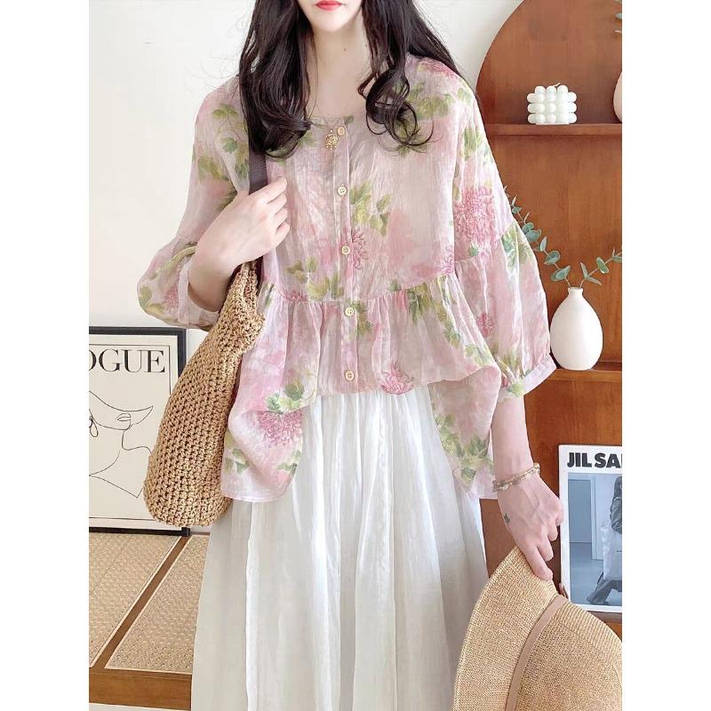 

Forest pink floral shirt women s summer loose round neck three-quarter sleeve light cotton and linen sun protection cardigan top S розовый