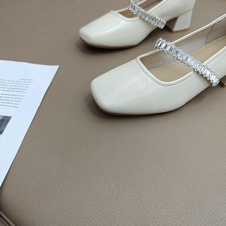 French Temperament Rhinestone Mary Jane Single Shoes Girl 2025 Summer Square Head Retro Thick Heel Elegant Fairy Style with Skirt