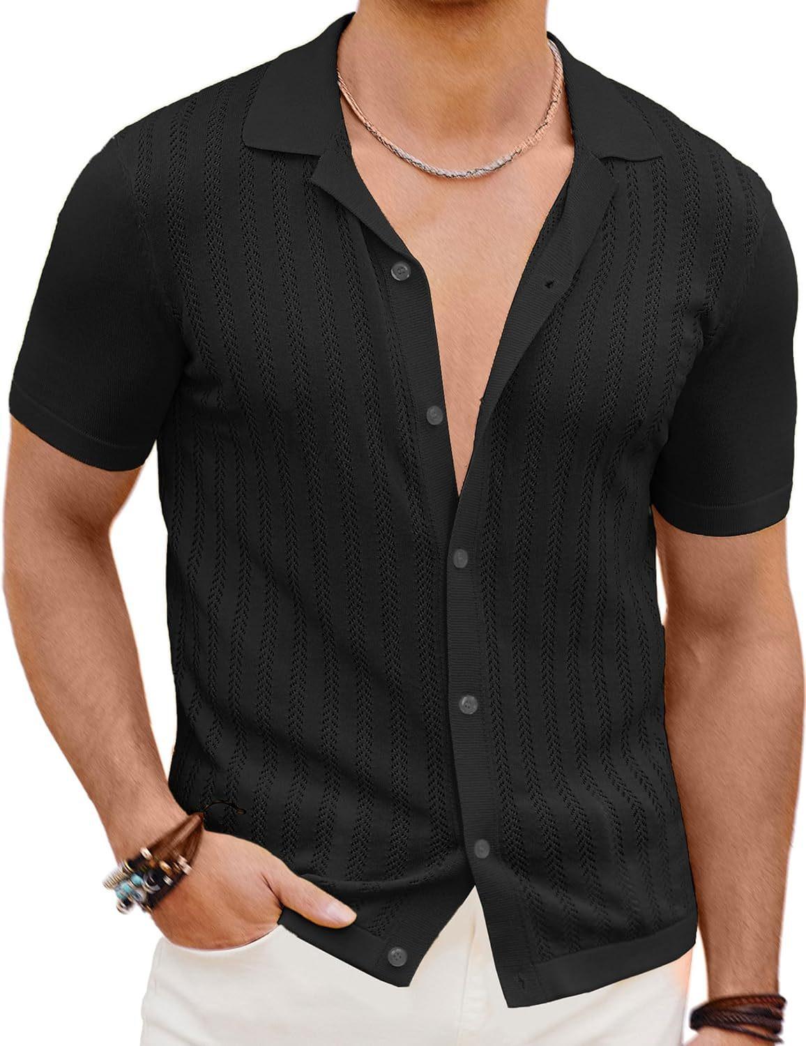 Men S Casual Short Sleeve Knit Cardigan Solid Color Summer Top S чёрный