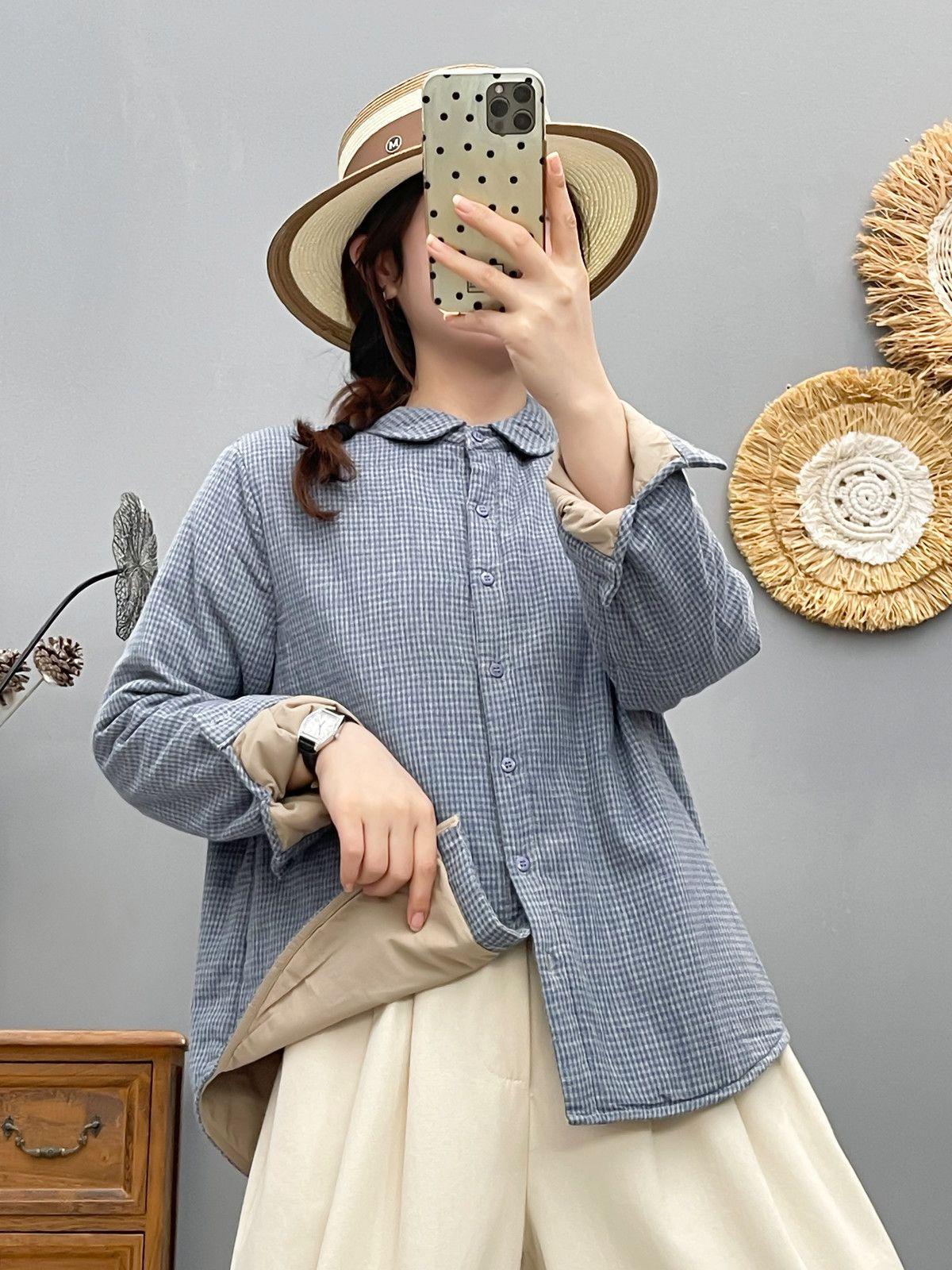 Women s Quilted Plaid Cotton-Padded Shirt Jacket - Autumn/Winter Casual Warm Top M синий