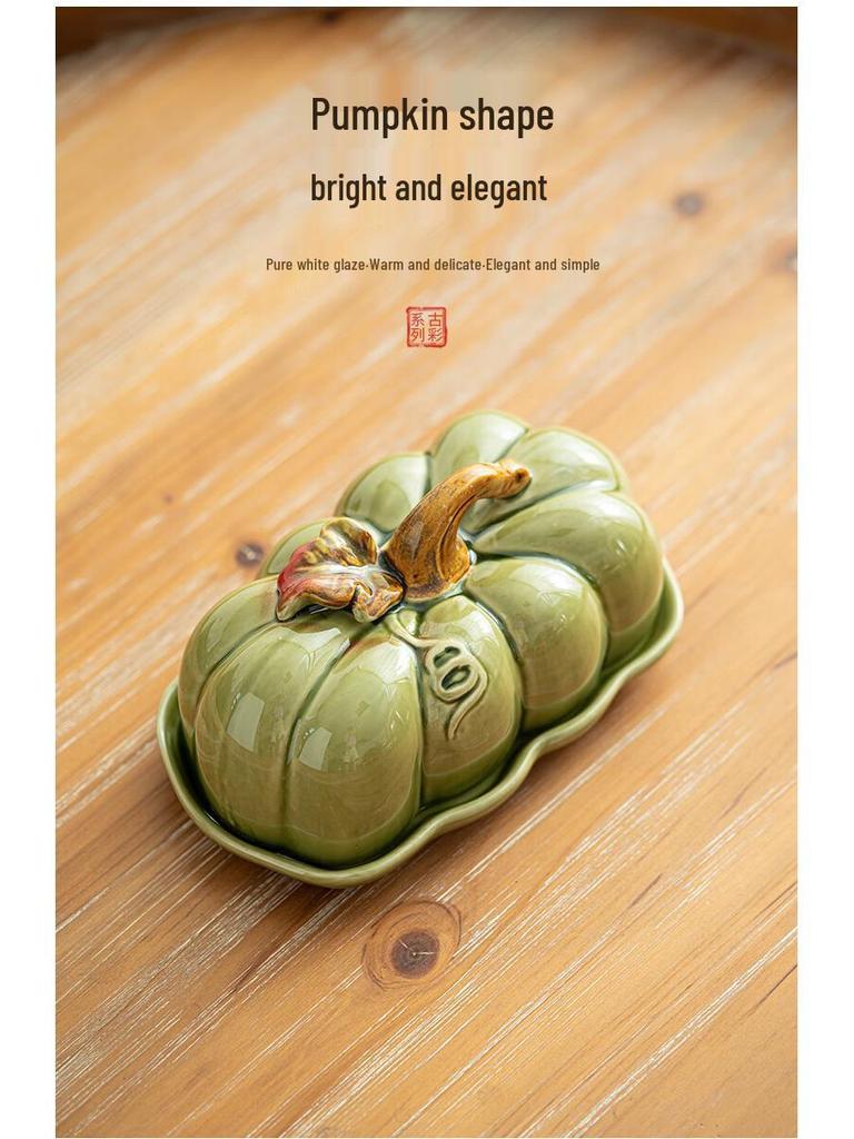 Su-style Green Ceramic Pumpkin Dish for Bread, Cake, Snacks, and Candy