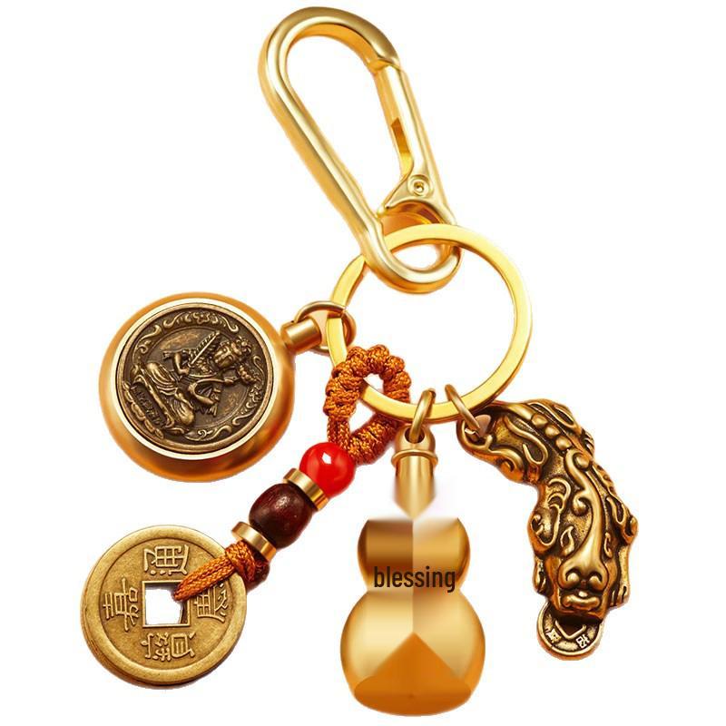 Pixiu Guardian Brass Pendant: Five Emperors Coins & Zodiac Buddha Keychain for Wealth & Protection