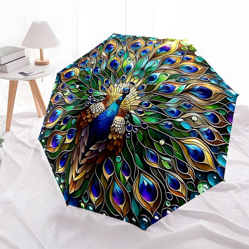 1pc Peacock Mandala Automatic Folding Umbrella - Design, Durable Iron Frame for Travel, Outdoor, Beach Fashion Accessory a0920060