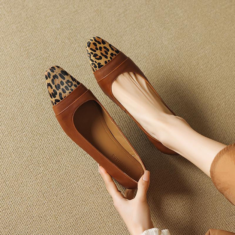 Fashion 2025 New Spring Women Pumps Square Toe Chunky Heel Genuine Leather Women Shoes Shallow Ladies Leopard Ladies Shoes