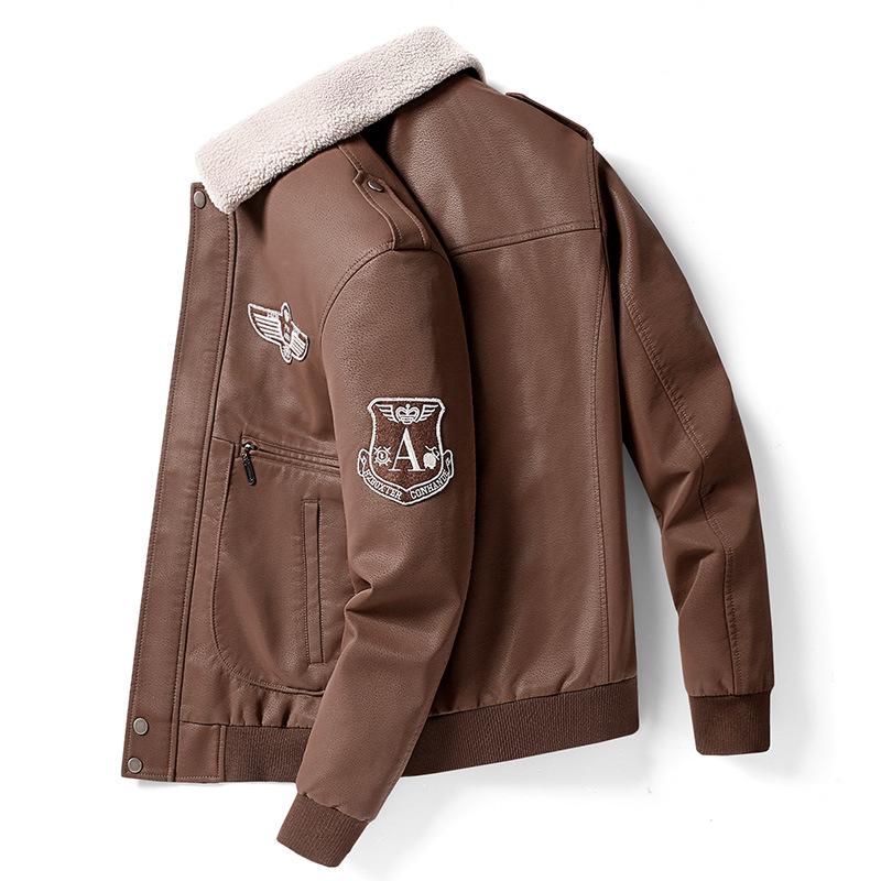 Otoño Invierno chaqueta de cuero de motocicleta para hombre Cuello de piel Vintage marrón polar imitación cuero piel de cerdo cazadora militar 8xl