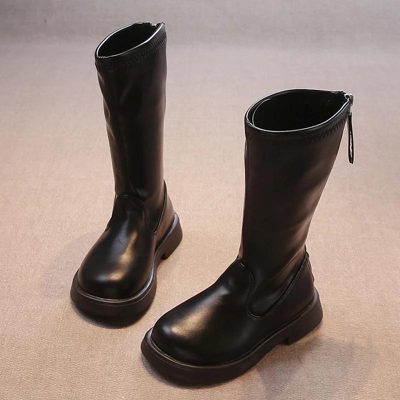 Children Long Boots Solid Color Knee-high Autumn Kids Boot Soft Pu Leather 26-36 Trendy Zipper Light Comfy All-match Girl's Shoe