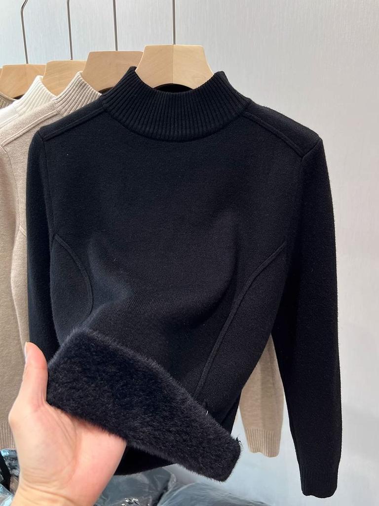 Vintage Fleece Thickened Turtleneck Sweater Women's Autumn Winter Solid Design Fashion Warmth Integrated Velvet Inner Pullover Base Tops