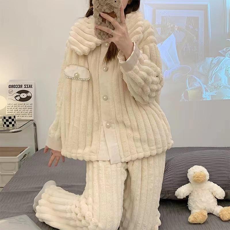 Nightgown Female Autumn and Winter Coral Velvet Thickened with Velvet Comfortable Loose Outside Wearing Long Pants Winter Warm Long Sleeve Long Suit