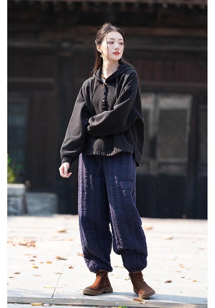 Women's Winter Heavy Industry Insulated Plus Velvet Hooded Button-Up Cotton Linen Pullover