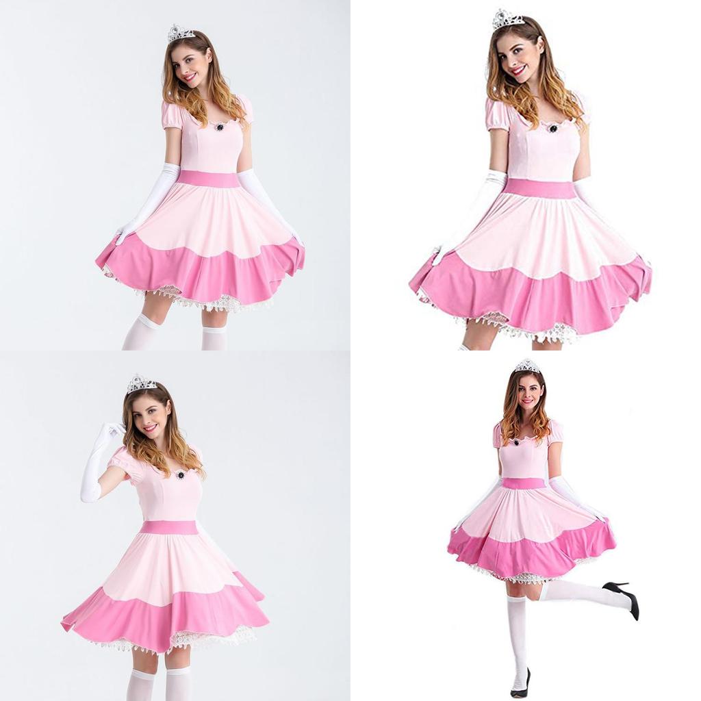 Elegant Super Mario Pink Princess Peach Costume Dress With Crown And Gloves Set