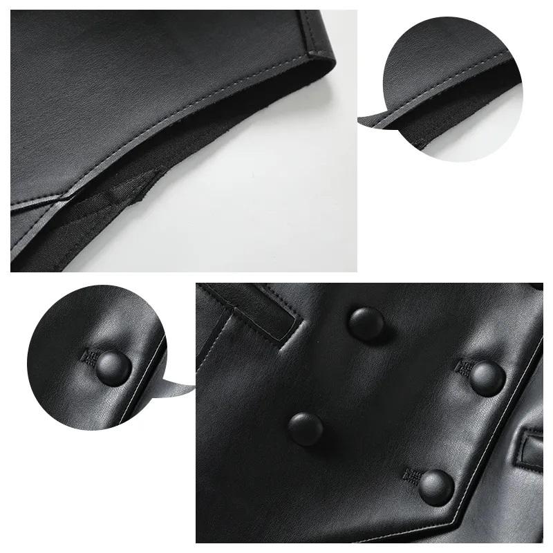 Female Outerwear Spring Autumn Black Soft Pu Leather Vest Double-breasted Elegant Office Lady Sleeveless Jackets Waistcoat
