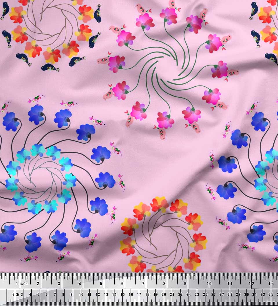 

Японська креп-атласна тканина Soimoi Кліп-арт з квітами та птахами, принт на тканині метр 42 дюйма 42 Inch Wide - Poly Crepe рожевий