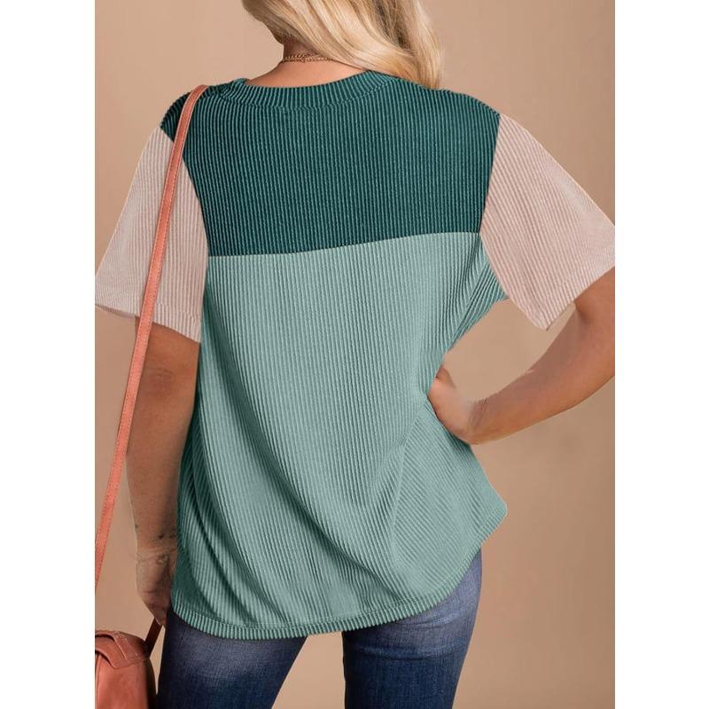 Women Color Block Striped Pullover Short Sleeve Crew Neck Casual T Shirt Top