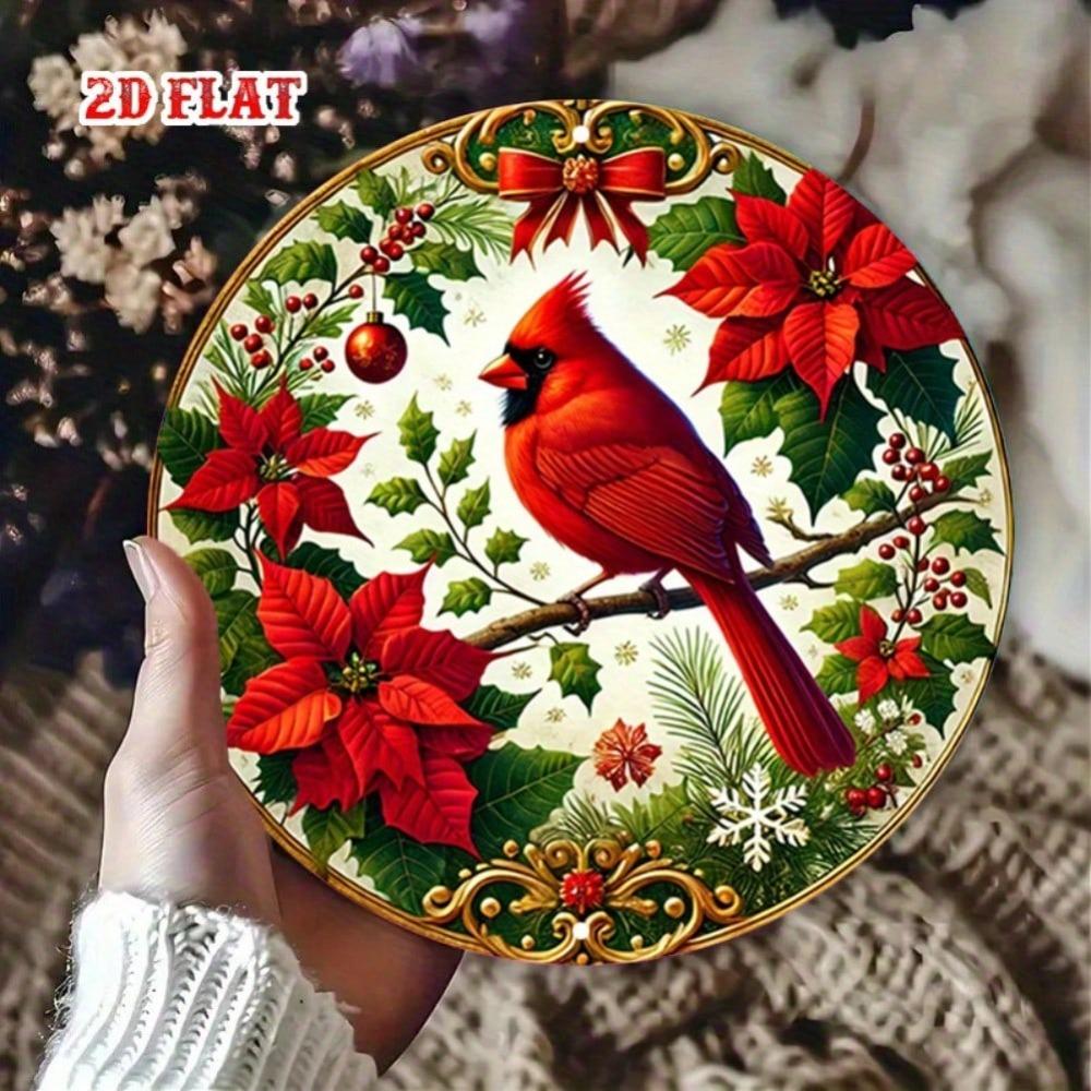 Vintage Red Cardinal Poinsettia Round Metal Tin Sign Christmas Wall Art Home Decor