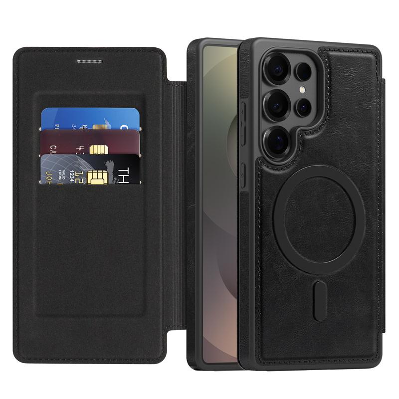 Luxury PU Leather Magnetic Flip Bracket Case For For Samsung Galaxy S22 S23 S24 S25 Ultra Plus For Magsafe Slot Wallet Protect Cover