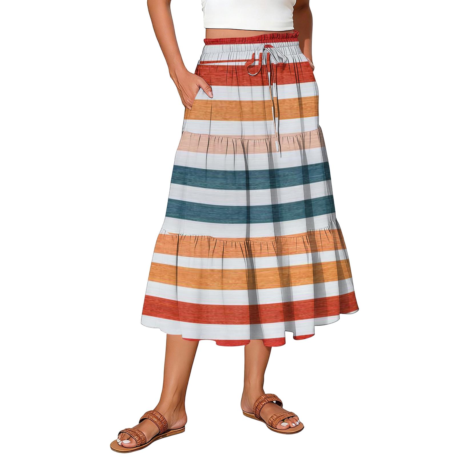 

Ladies striped printed casual elastic waist drawstring skirt XXL