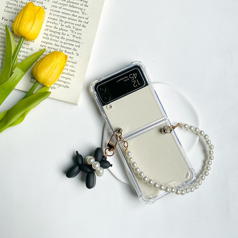 

For Samsung ZFlip7 Folding Screen Anti-fall Airbag Mobile Phone Case Pearl Portable Transparent Pony Pendant Protective Cover For Samsung ZFlip3