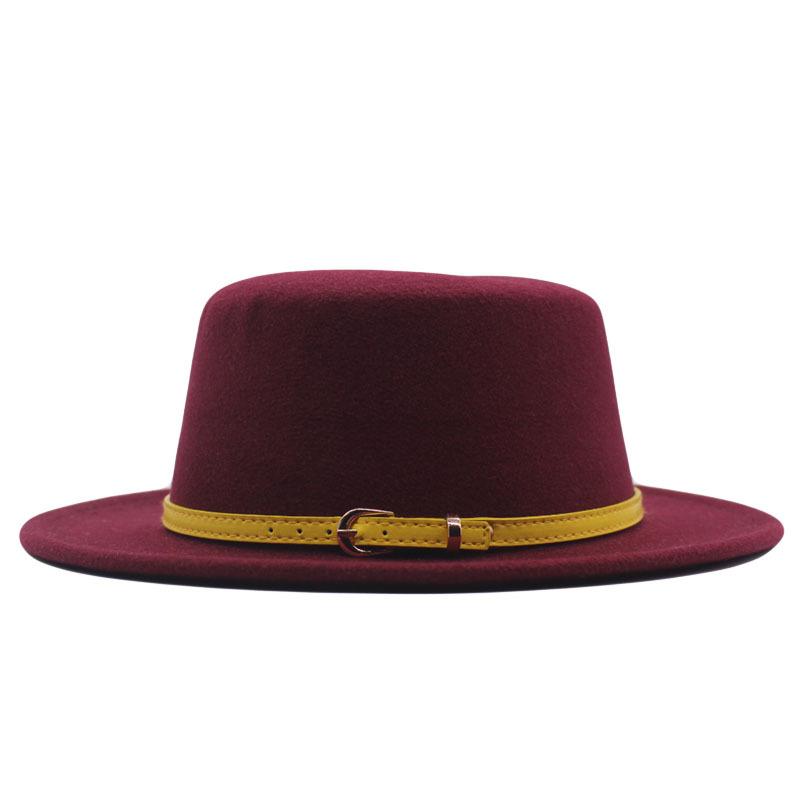 Hat Women's Woolen Top Hat Autumn and Winter Solid Color Retro Gentleman British Style Flat Top Belt Accessories Felt Hat