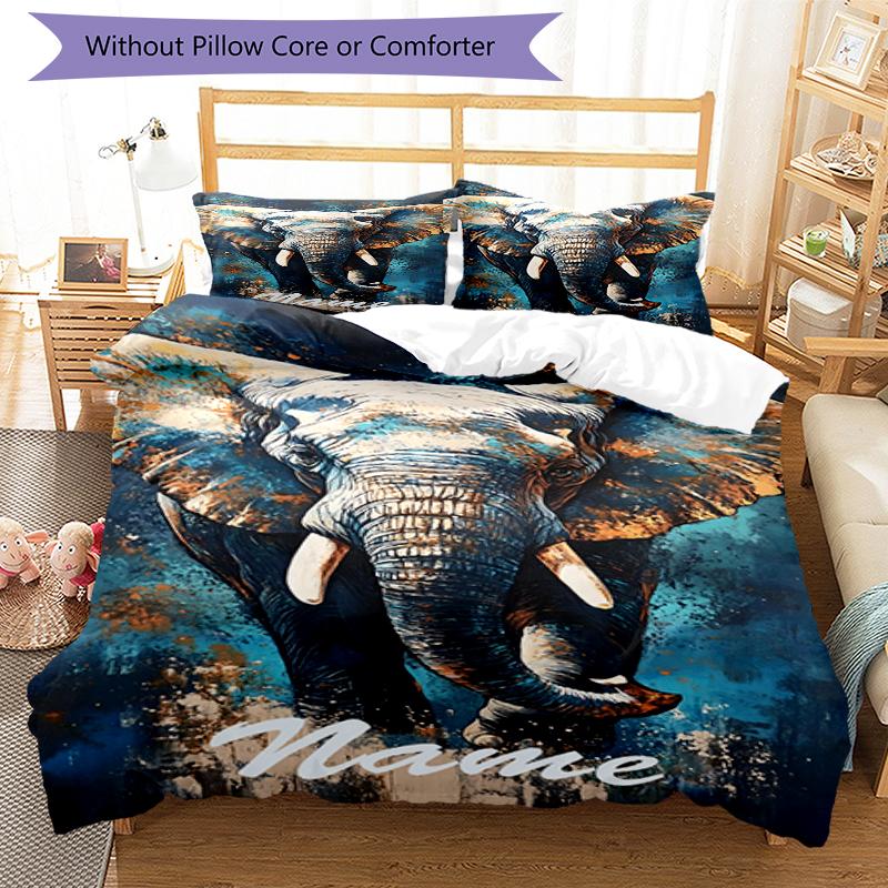 3pcs Custom Name Elephant Bedding Set Duvet Cover Closure Includes 1 Duvet Cover & 2 Pillowcases, Soft and Comfortable for All Seasons.