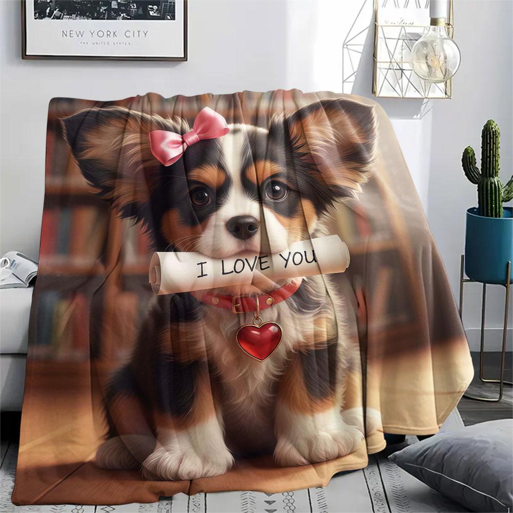 1Pc Iloveyoudog Print Flannel Blanket, High Quality Comfortable for All Seasons, Home Decor, Warmth and Comfort, Perfect for Christmas Gifts
