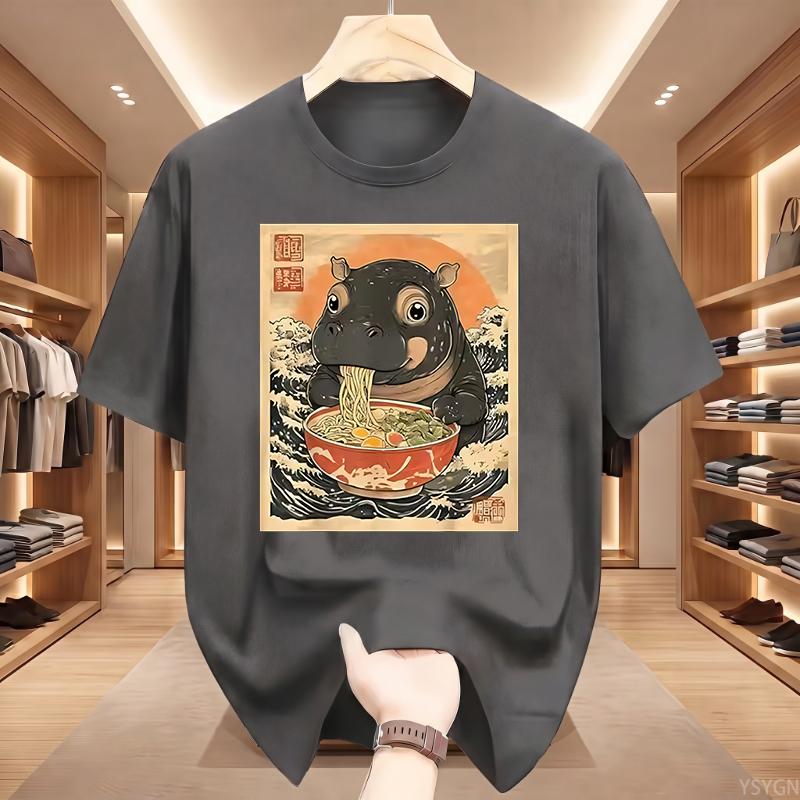 Moo Deng Hippo Eating Ramen T Shirt Japanese Ukiyo Graphic Tee Cute Animal Harajuku Streetwear Top Tshirt