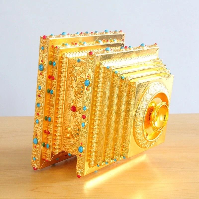 Tibetan Stupa Tantric Engraved Pearl Inlaid Gem Buddhist Statue Brown Alloy Handicraft Altars Indoor Home Desktop Decorative