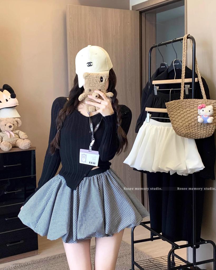 Korean Style Women's 2025 Summer High-Waist Slimming Midi Puff Skirt with Anti-Exposure Shorts