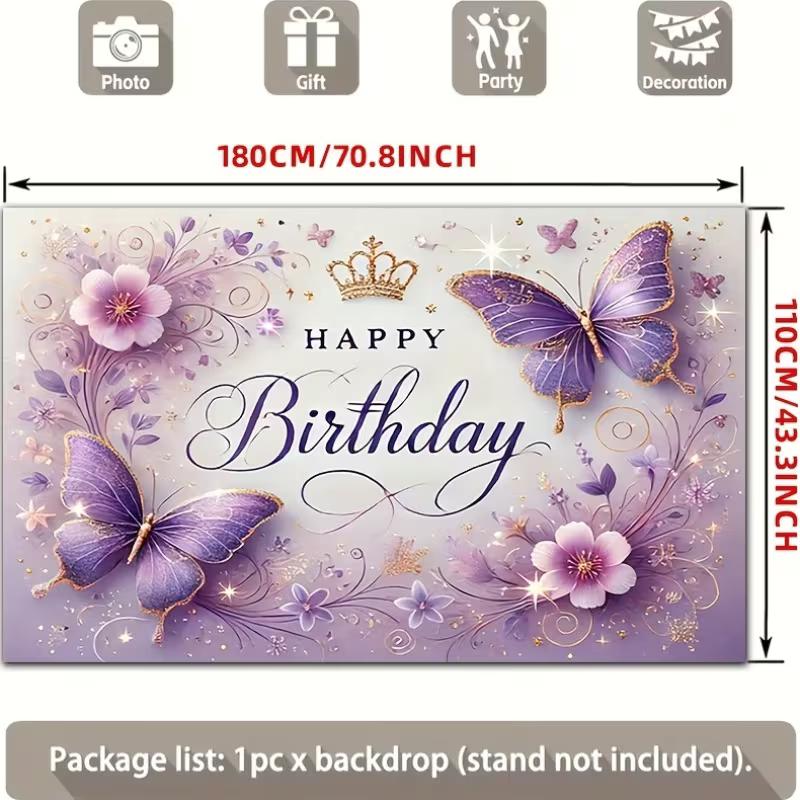 2D Soft Purple & Gold Butterfly Themed Birthday Photo Booth Background Cloth