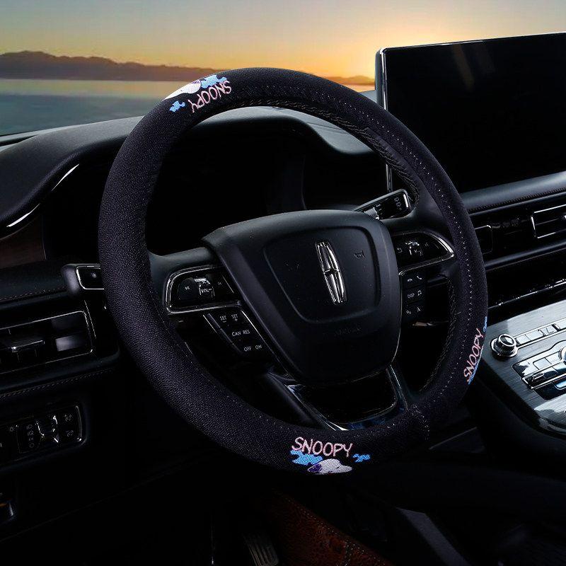 Car Steering Wheel Cover D-Shaped Handlebar Cover Summer Breathable Non-Slip Sweat-Absorbent Linen All-Season Universal Cartoon Cute for Women