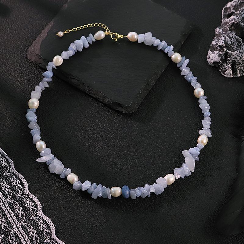 GLSEEVO Natural Freshwater Pearl Blue Stone Necklace for Women Festivals Daily Wear Natural Stone Chip Choker Bohemian Jewelry