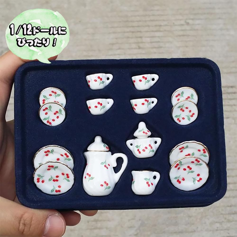 moin moin scale miniature dollhouse tableware set of 15 ceramic and polka dots in blue and light Includes tea and coffee and Perfect for dolls and