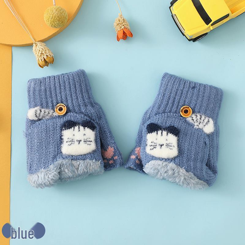 

Children s Double-Layer Flip-Top Knit Gloves - Warm, Thickened, & Velvet Lined for Autumn/Winter with Half-Finger Design One Size синий