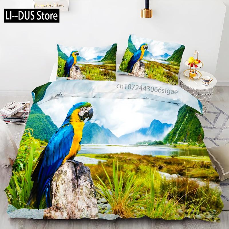 Tropical Comforter Queen Full Size,Parrot Comforter Set,Green Leaves 3pcs Print Duvet Bedding Set 1 Comforter with 2 Pillowcases