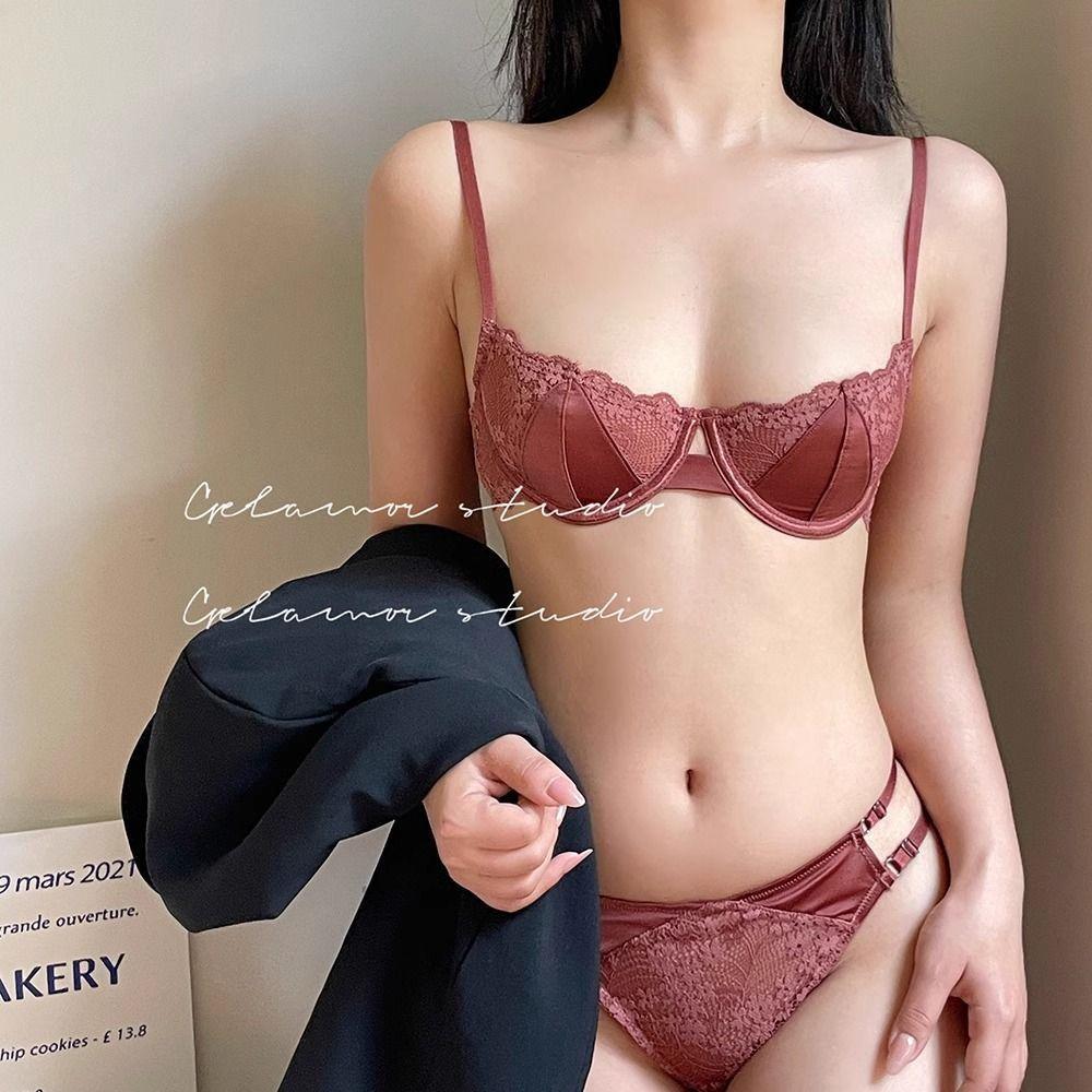 French Coquette Lace Soft Underwire Bra Set, Half Cup Push Up Back Beauty Small Bust Women Lingerie Set