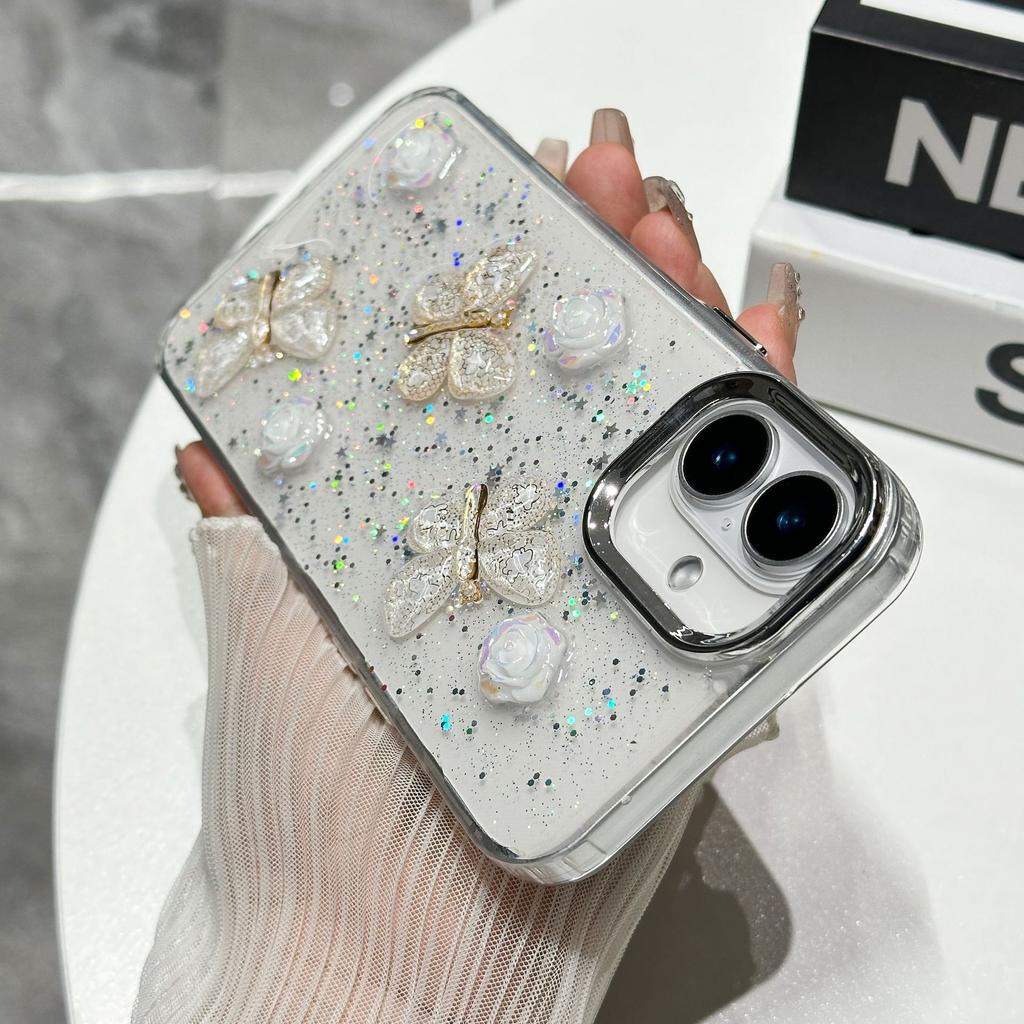 Three-color Crystal Butterfly Case Apple 16E Mobile Phone Case Epoxy for iPhone17/15/14 Internet Celebrity Mobile Phone Case