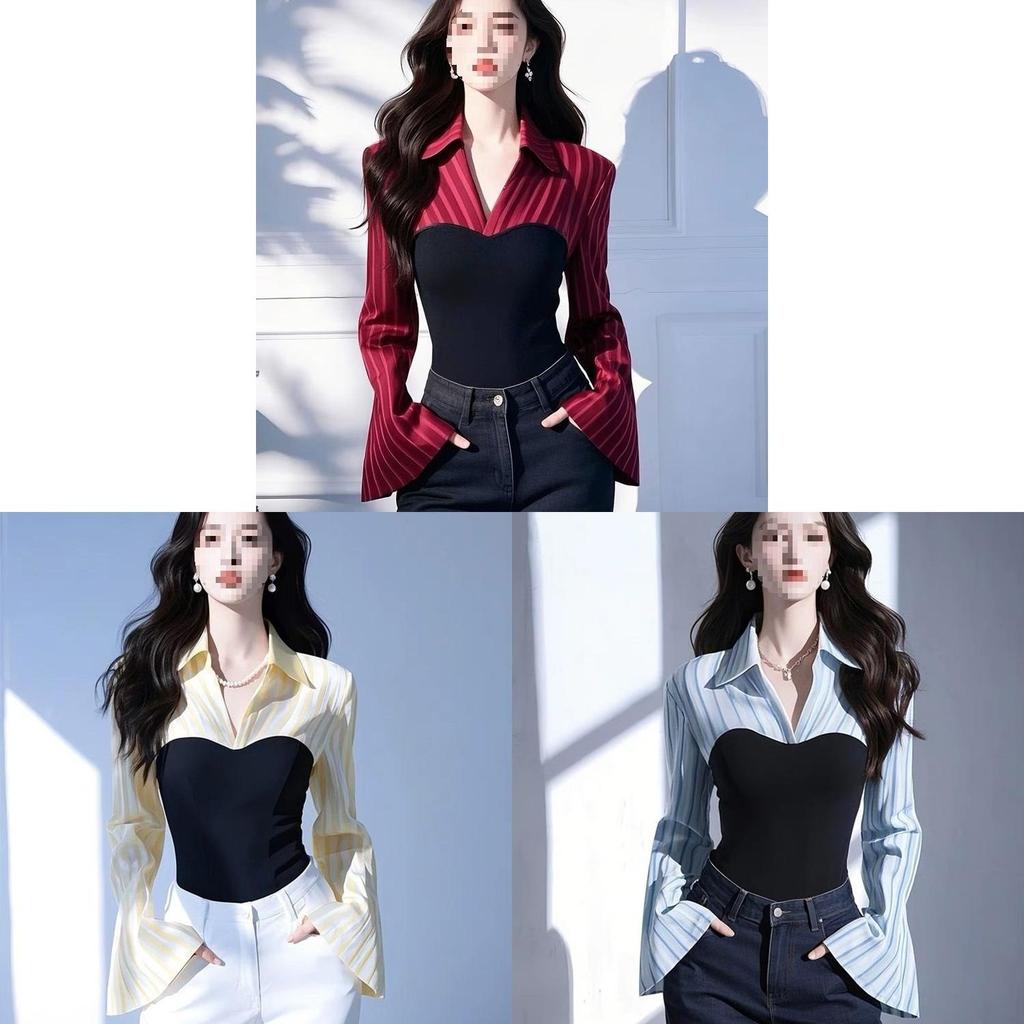 Spring New Blue Stripe Faux Two Piece Shirt With 3d Pattern For Office Wear Women