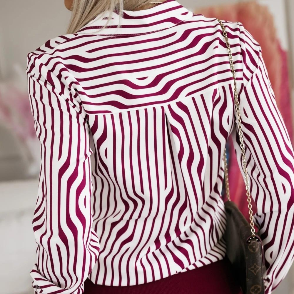 VEZFAA Damenmode Casual Frühling Herbst Streifendruck Langarm POLO-Ausschnitt Blusen & Hemden